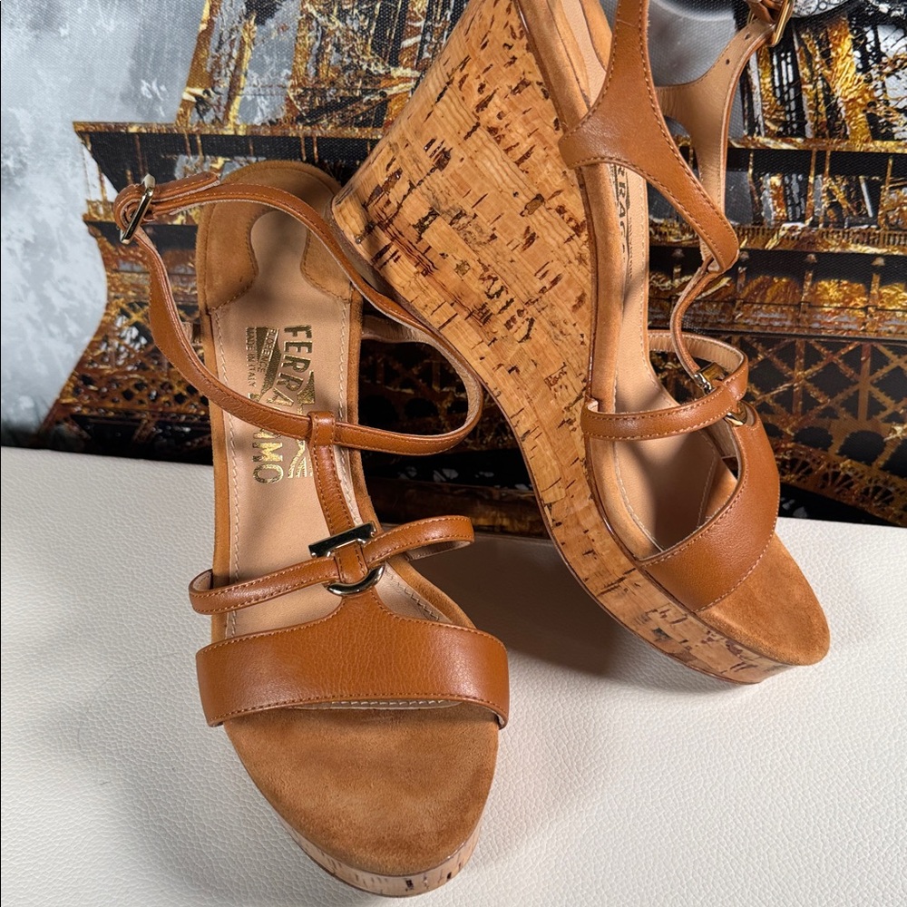 Salvatore Ferragamo Tan Cork Wedge Sandals